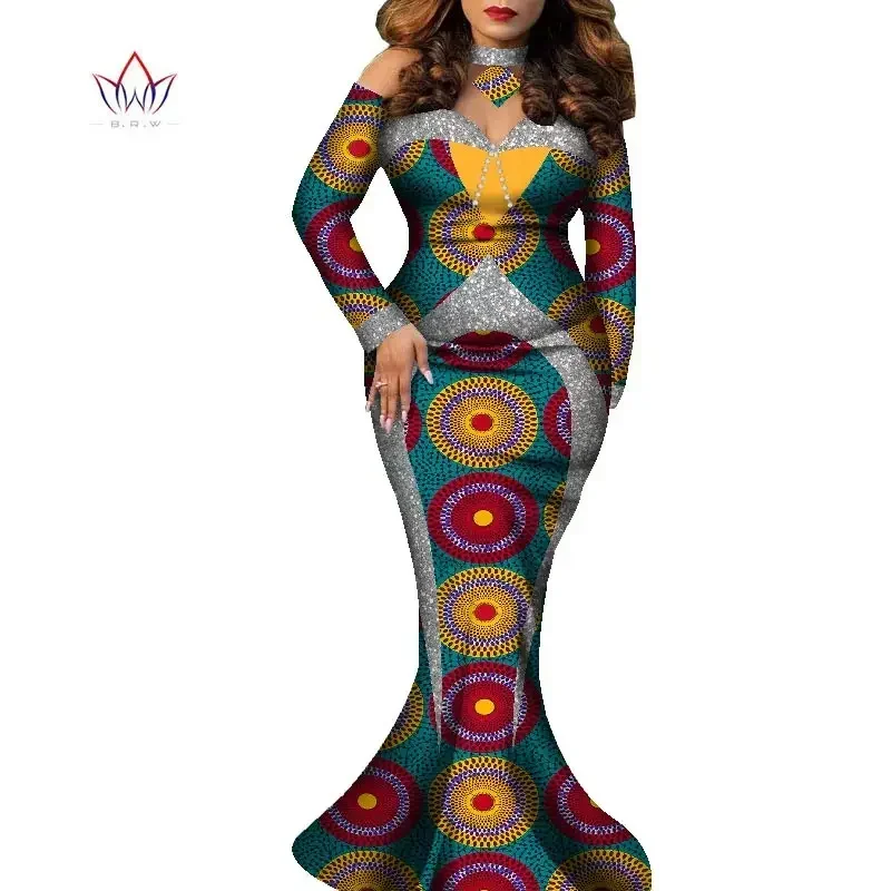 Bintarealwax Off Shoulder Party Dress Elegant Africa Print Dress Women Strapless Floor Length Bodycon Mermaid Dress WY8993