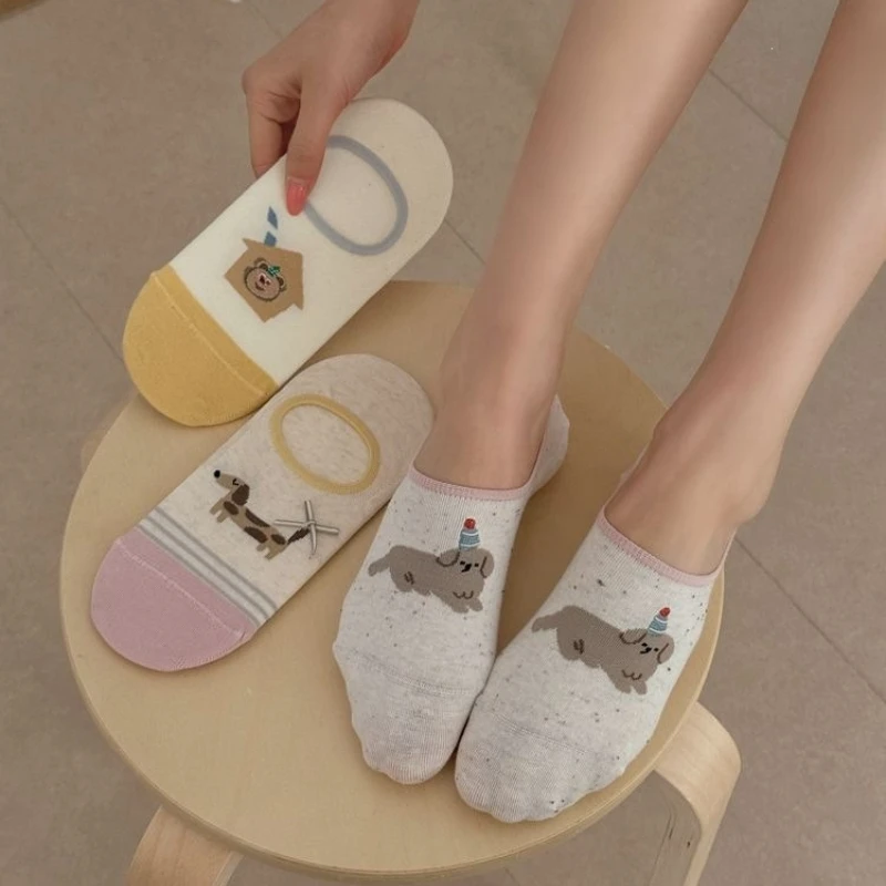 Korean Sock Slippers Women Cartoon Embroidery Cloth Label Cute Low Cut Boat Socks Summer Thin Breathable Invisible No Show Socks