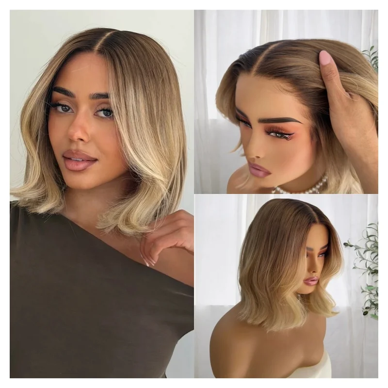 

12 Inches Short Wave Bob Ombre Blonde Brown Women Wigs Synthetic Soft HD Lace Frontal Wig High Quality Wigs 150% Density Wigs
