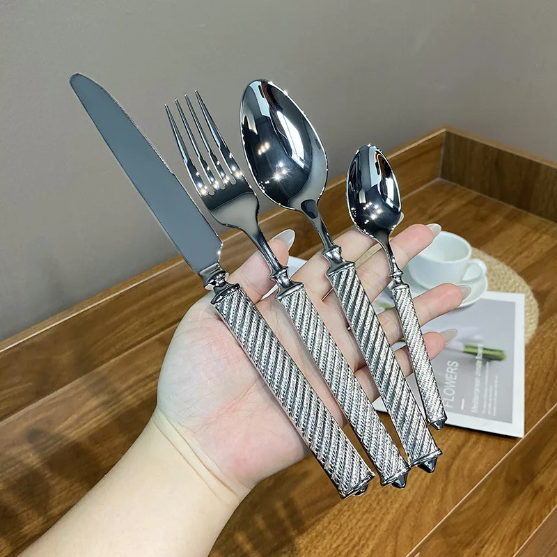 Sliver Tableware 304 Stainless Steel Cutlery Mirror Double Sided Pattern Handle Fork Mirror Western Dinnerware Set