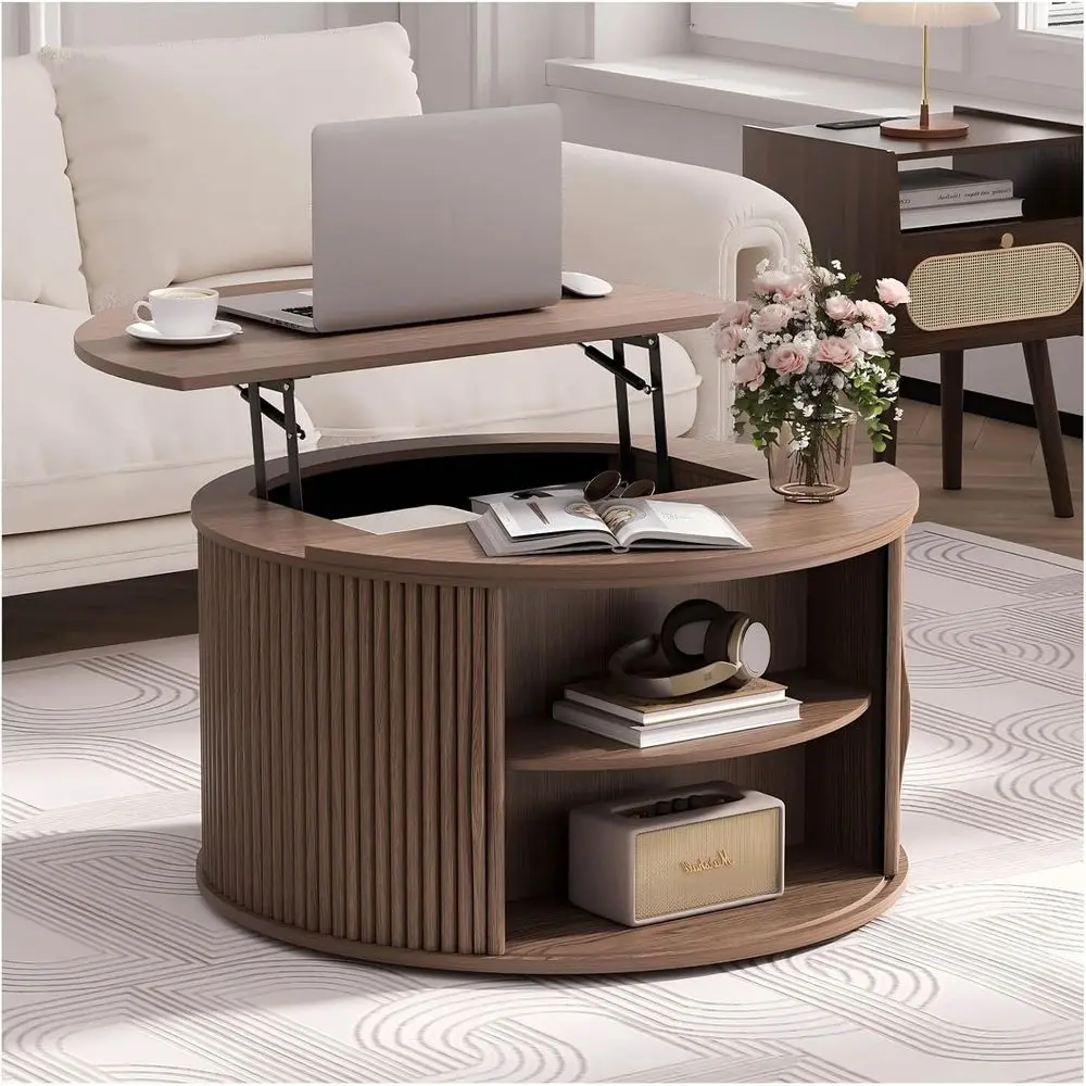 

31.5 Coffee Table with Lighting Top, Modern Coffee Table with Sliding Door & Hidden Storage, Small Center Table for Living Room,