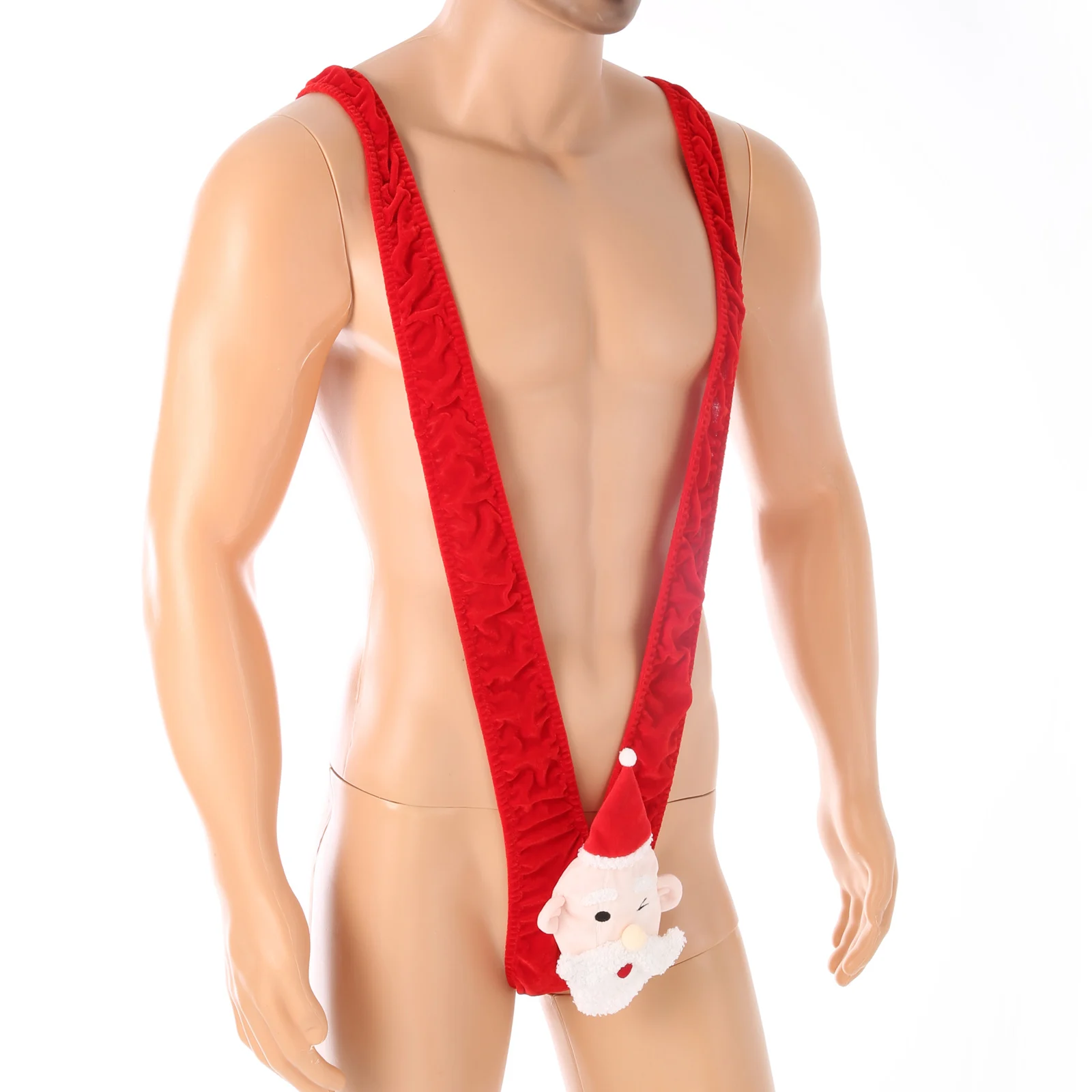 CLEVER-MENMODE Panties Christmas Santa Mankini Mens One-piece Thong Sexy Underwear Fluff Penis Pouch Bodysuit White Beard