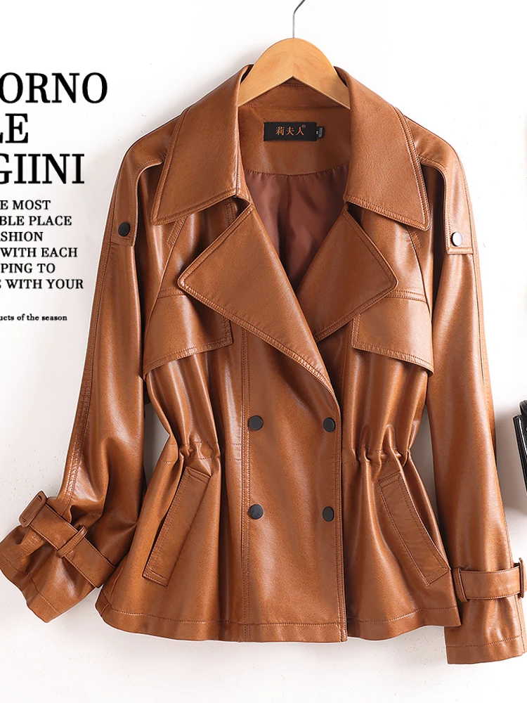   Veste en cuir véritable pour femme, style coréen, coupe ajustée, coupe-vent décontracté, double boutonnage