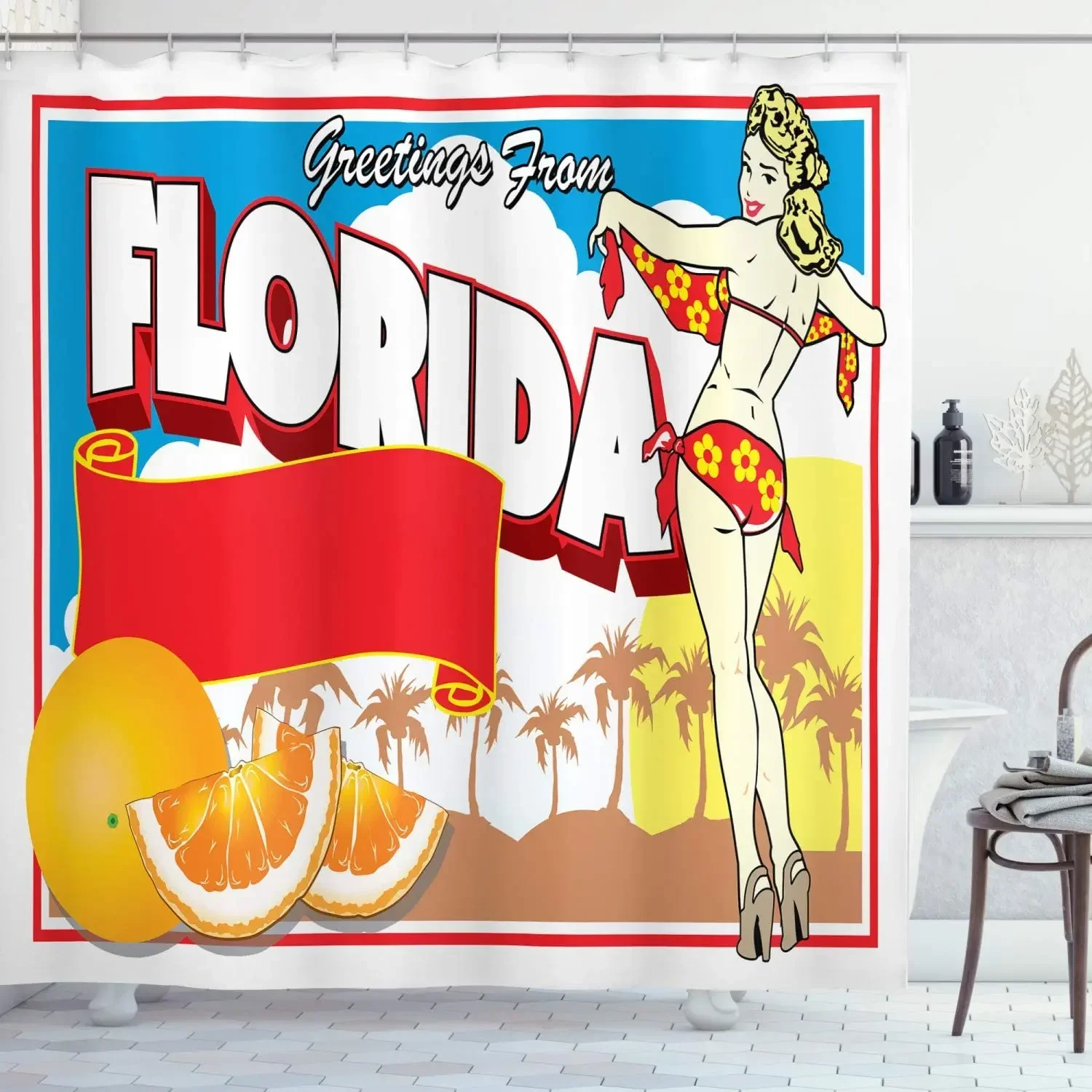 Greetings From Florida Postcard Design With A Pin-up Girl In Bikini And Oranges Cloth Fabric Bathroom Decor Set With Hooks