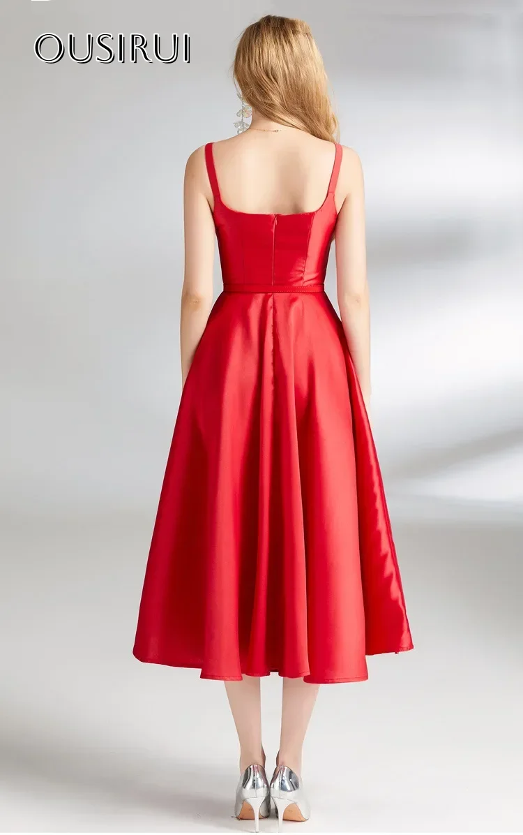 Robes de cocktail en satin à bretelles spaghetti, sans manches, froncées, longueur thé, ligne A, robes de soirée personnalisées