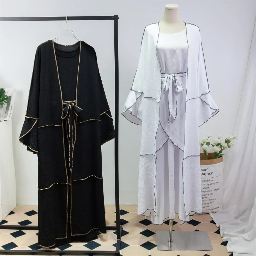 3Pcs Women Open Front  Abaya Muslim Sets Jilbabs Loose Sleeveless Inner Dress Three Pieces Prayer Clothing With Upbind