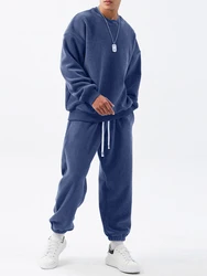 Men's 2 Piece Sweatsuits Set Warm Solid Color Crew Neck Long Sleeve Fleece Sweatshirts and Drawstring Pants Fall Winter Outfits