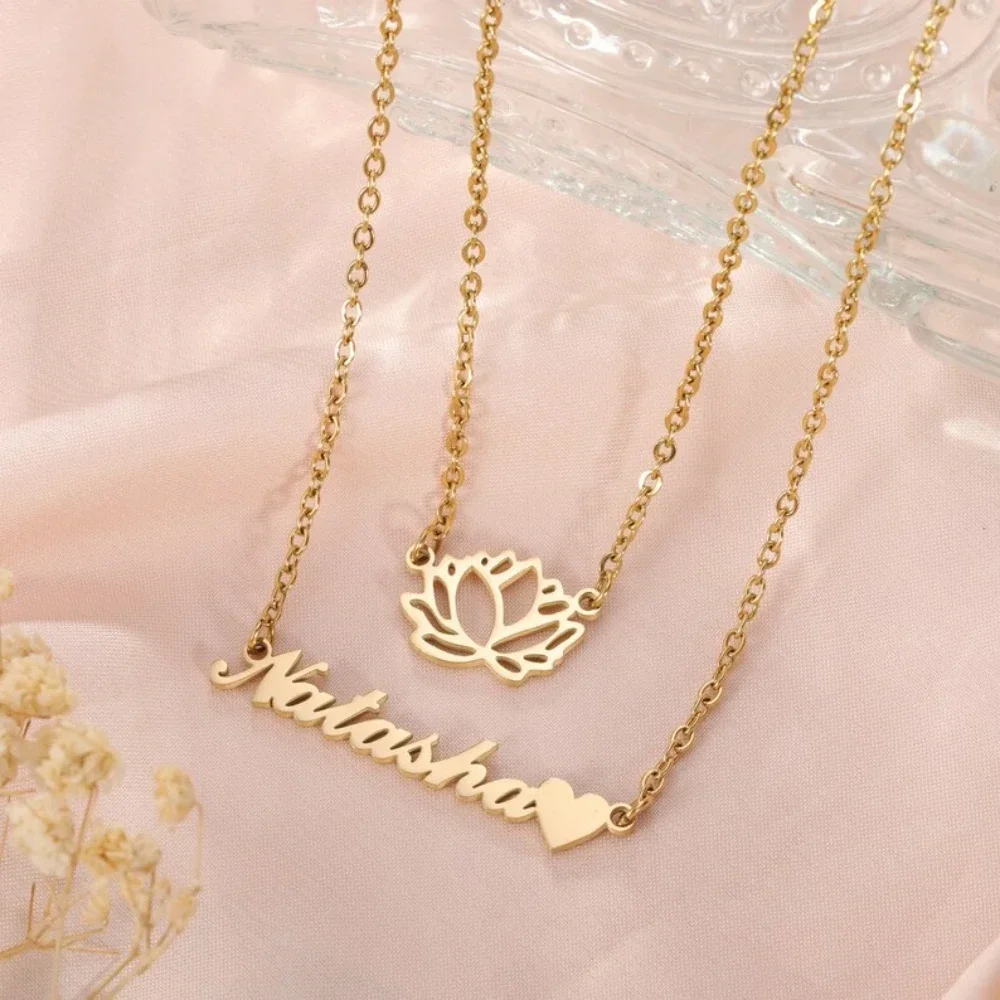 Custom Name Necklaces for Women Stainless Steel Double Layered Necklaces Lotus Flower Pendant Collar Jewelry Gift for Girlfriend