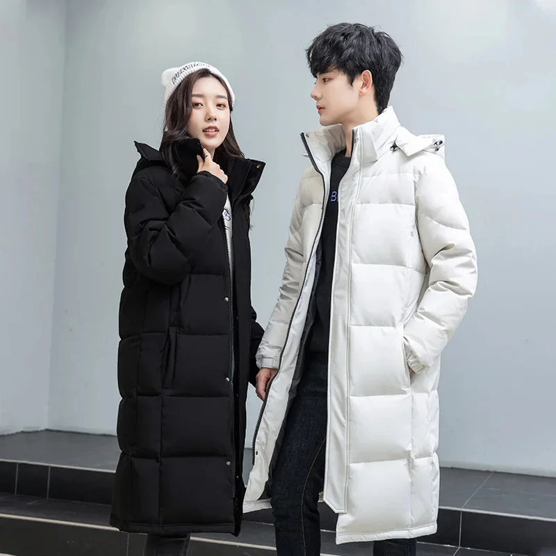 Fashion Winter Down Jacket Men 2025 Brand Warm Thicken White Coat Hooded Couples Long Parkas Loose Duck Coats