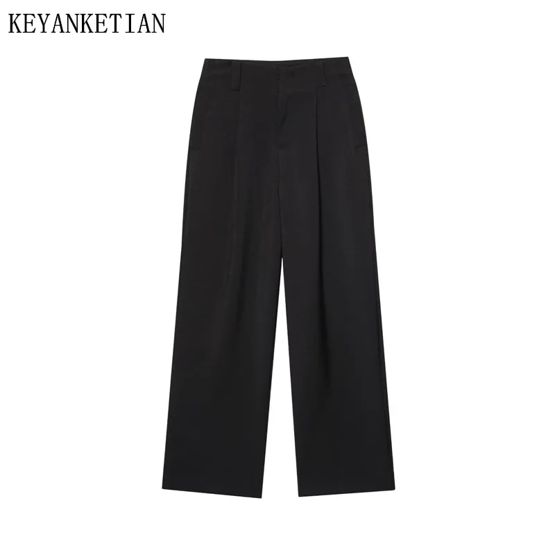 

KEYANKETIAN 2025 Summer New Women's Black Casual Pants Office Lady Zipper High Waist Pleated Decoration Straight Long Trousers