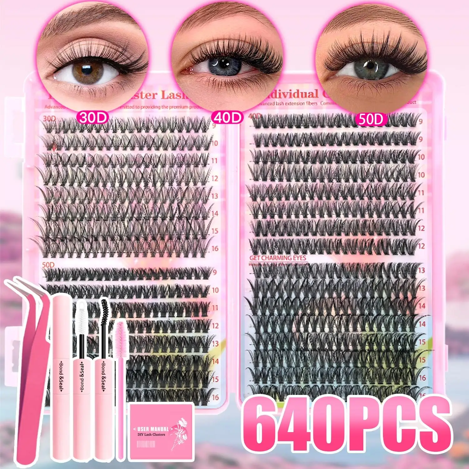 640PCS Lash Cluster Kit 30D 40D 50D D Curl Soft Lashes DIY Eyelash Extension Set with Tweezers and Glue Beginner Friendly Home