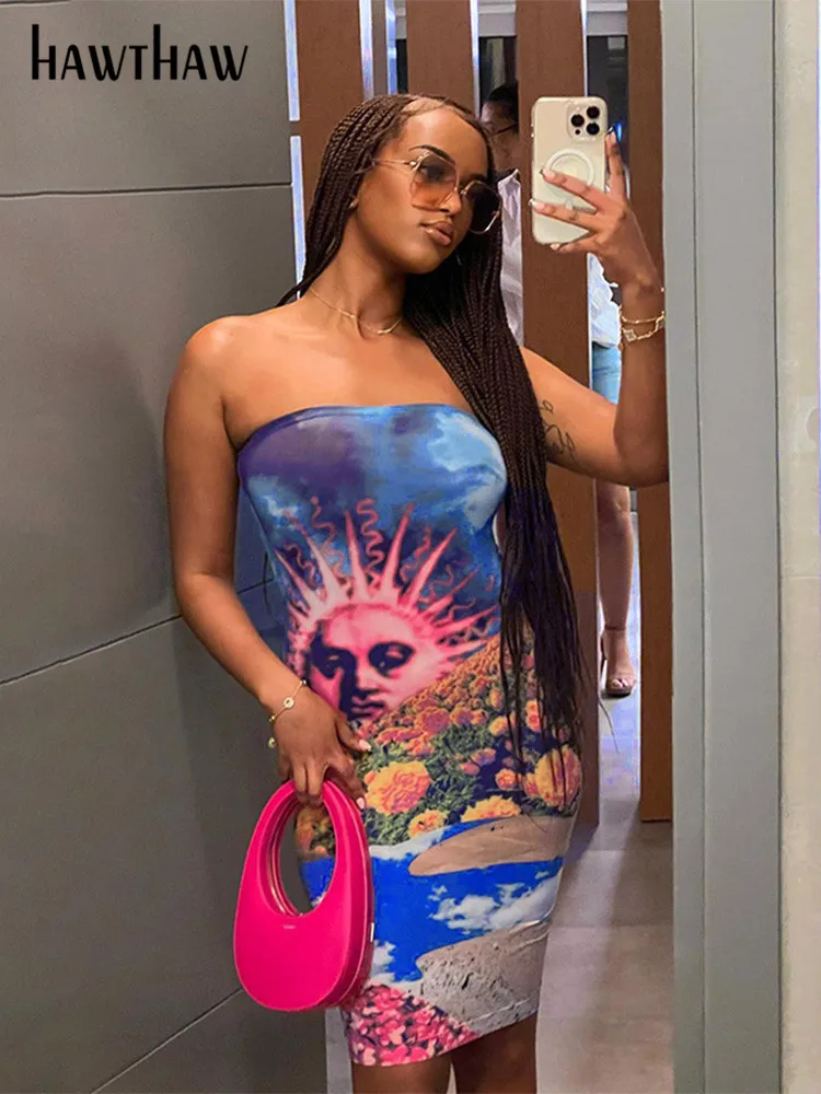 

Hawthaw Women Strapless Printed Bodycon Beach Vacation Mini Dress Streetwear 2022 Summer Clothes Wholesale Items For Business