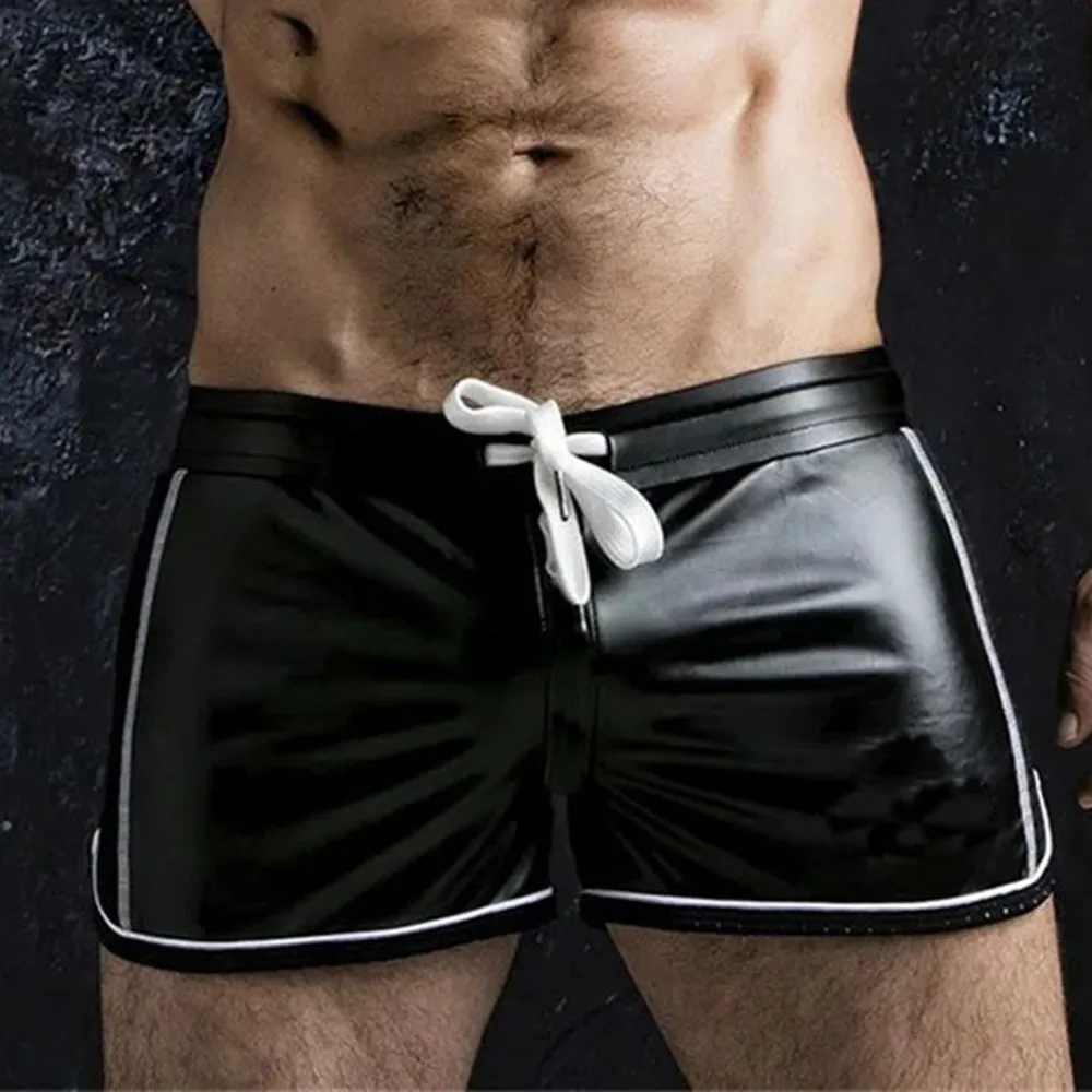 FJShorts-Boxer en cuir PU pour hommes, vêtements de nuit punk, slim, solide, maillot de bain document, mode