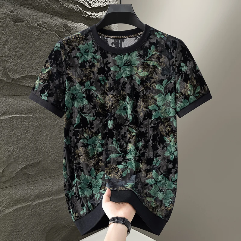Premium Velvet Floral T Shirt For Men Short Sleeve Stretchy Thin Summer Icy Quality Hollow Breathable Classy Camisetas De Hombre
