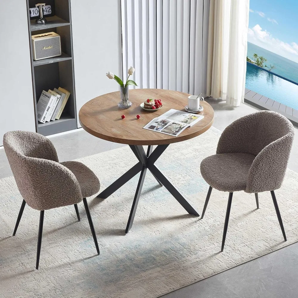 Set tavolo da pranzo per 2 con sedie, 37" rotondo in legno ingegnerizzato, pulire, soffice braccio in sherpa, moderno dinette, gambe in metallo, colazione,