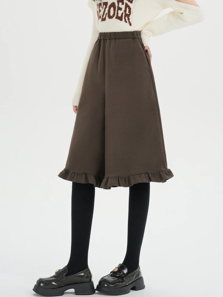 Sweet fungus edge woolen seven point casual pants for women in autumn and winter elastic waist slimming straight leg pants