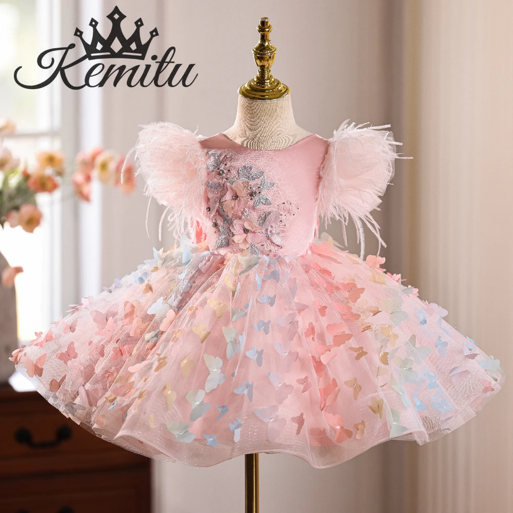 

Elegant Pink Puffy Sleeve Flower Girl Dress Knee Length Arabic Princess Baby Wedding Birthday Party Ball Gown