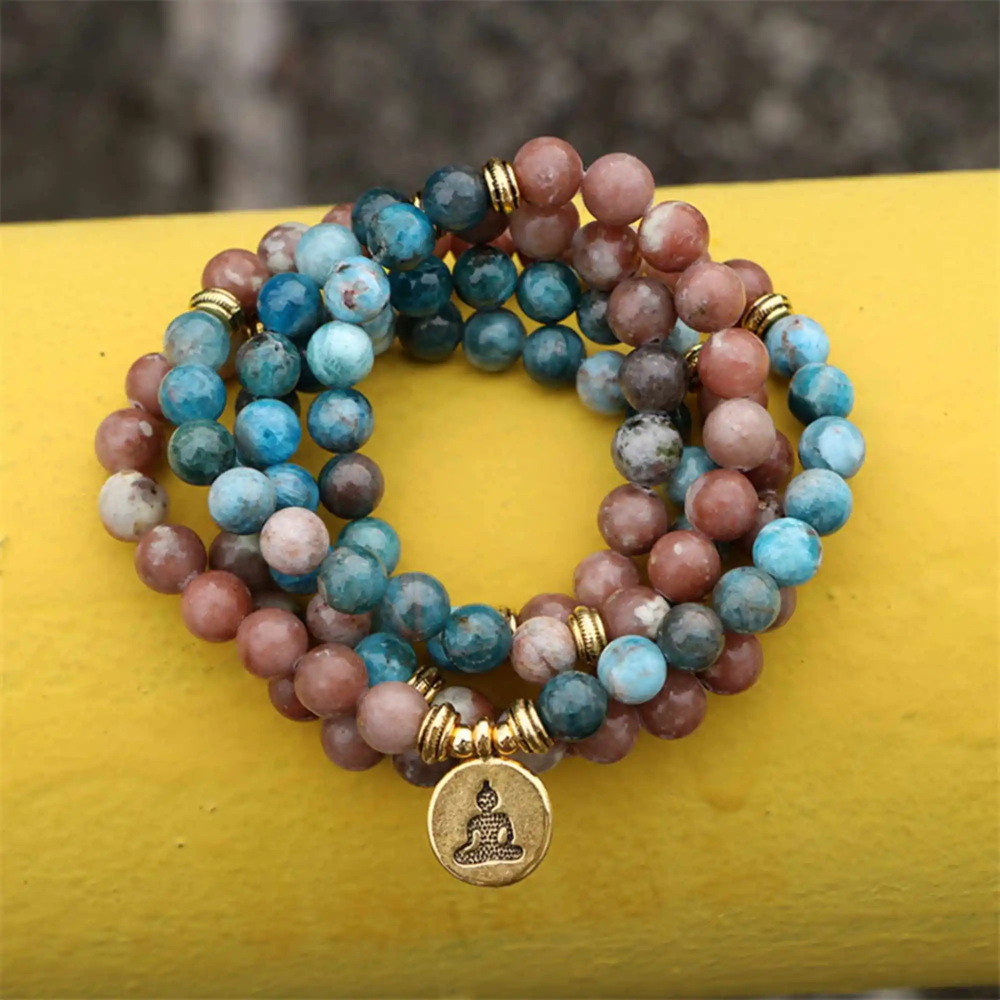 

8mm 108 beads mixed colors apatite Mala bracelet lotus Buddha pendant Bohemian Buddhist Peace Health Women Men