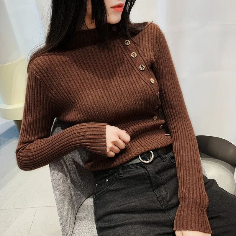 Sweater rajut lengan panjang wanita, atasan sweater Turtleneck hitam putih lengan panjang mode 2024 untuk perempuan