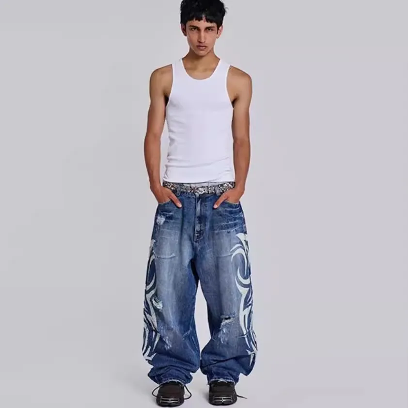 Jaded london jeans vintage high street tide gangster handsome mottled totem print wide leg old loose men and women