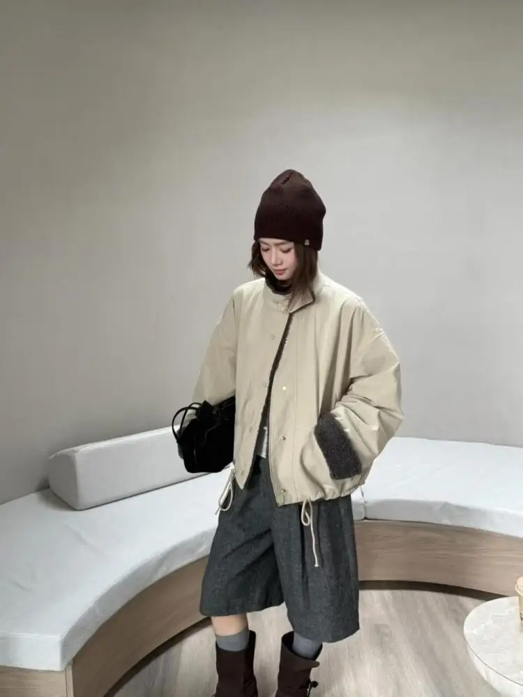 

Korean Retro Women Solid Single Breasted Short Jackets Autumn Winter Long Sleeved Loose Casual Coat Warm Tops 2025 Trendy Simple