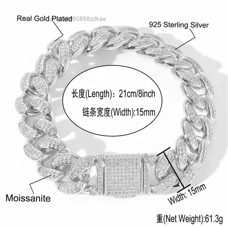 Fashion White Gold Plating Zircon Moissanite Diamond With Hip Hop Iced Out 15MM Width 925 Sterling Silver Cuban Chain Necklace..