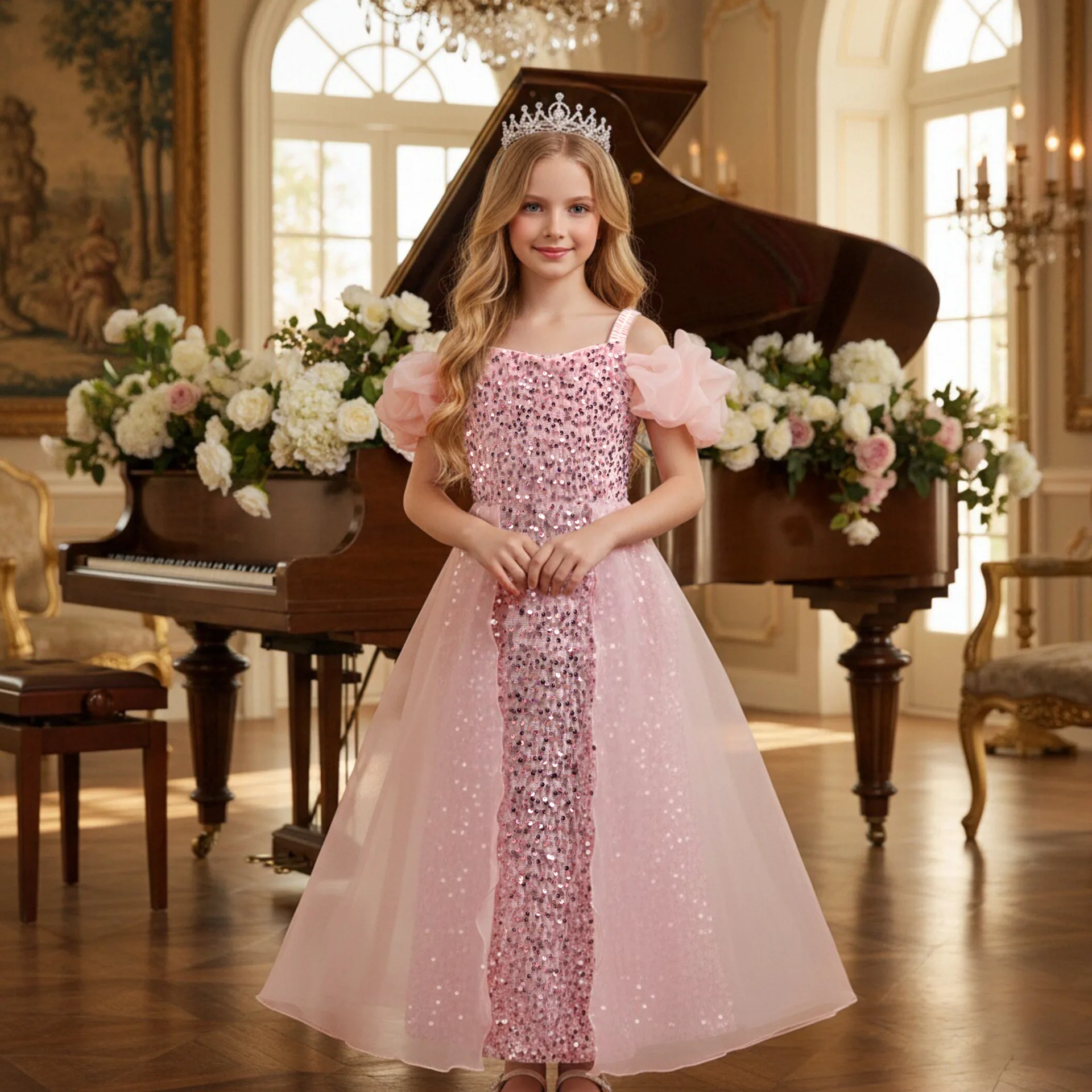 

Горячее новое стильное детское свадебное платье с пышными рукавами и блестками, летнее сетчатое платье с блестками для девочек, детская одежда для детей 4-12 лет