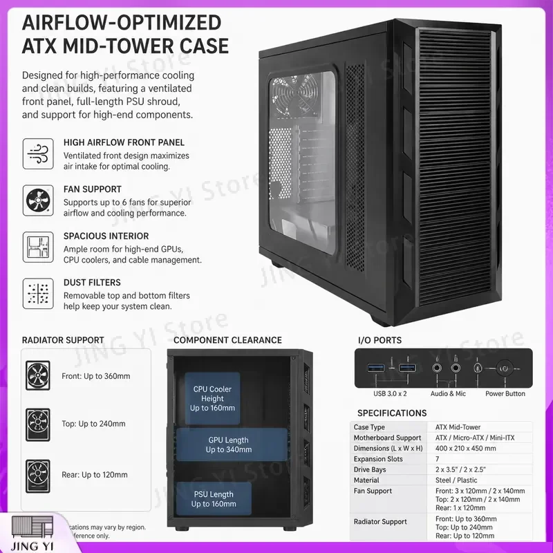 Mid Tower Gaming PC Case USB 3.0 Support 10x 5.25 Inch Drive Bays Modular ATX Computer Chassis Server Housing DIY Desktop Box