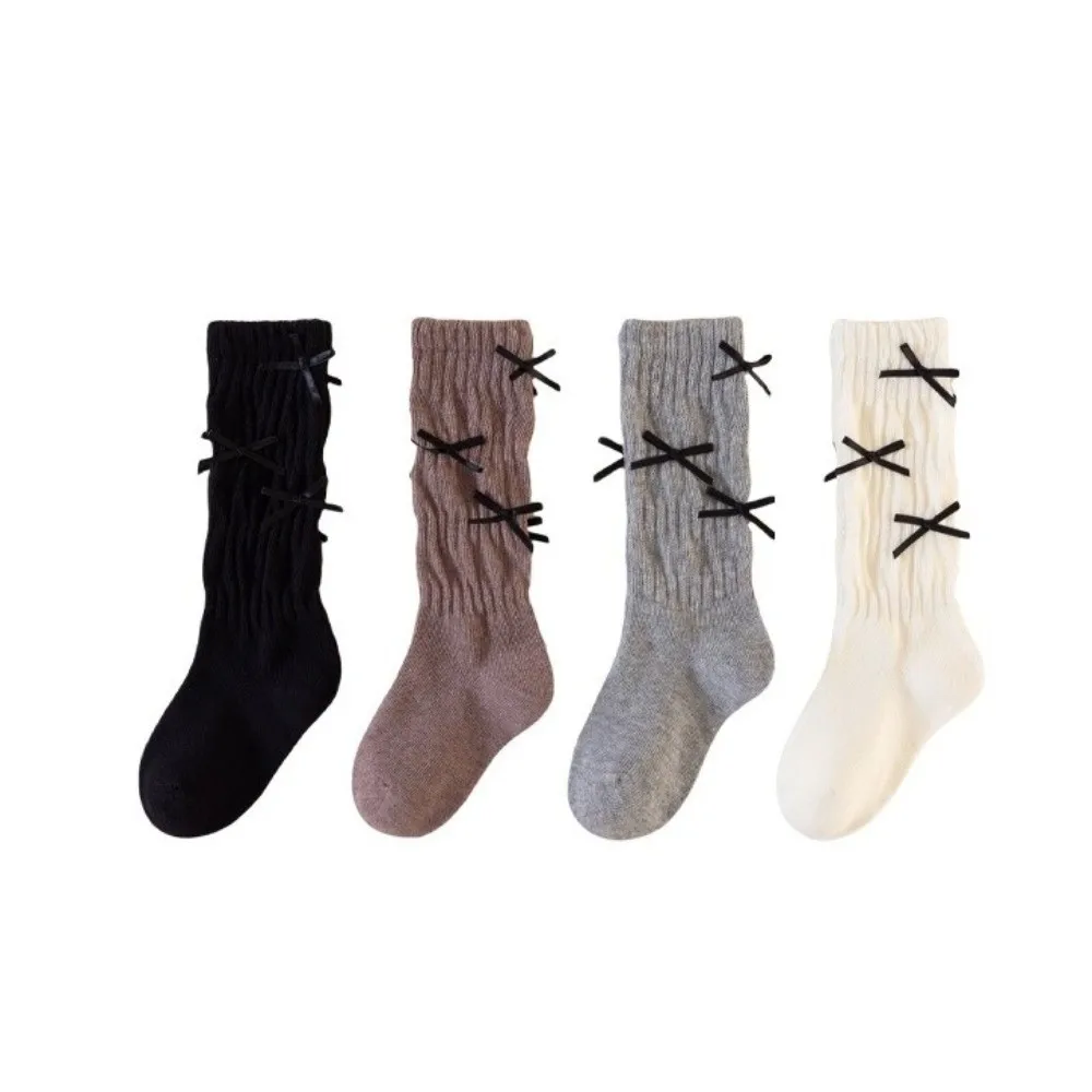 Warm Solid Color Long Girls Socks Sweet Bow Breathable Long Sock Korean Style Pile-up Socks 1-5 Year