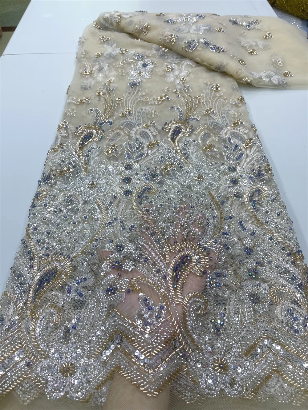 African Nigerian Tulle Lace Fabric,High Quality,Sequins EmbroideryBeaded, French GuipureWedding Party Dress, 5Yards, 2024