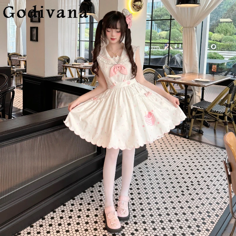 

Original Soft Girls Kawaii Short Dress Summer New Japanese Girl's Cute Polka Dot Print Sleeveless Sailor Collar Y2K Lolita Dress