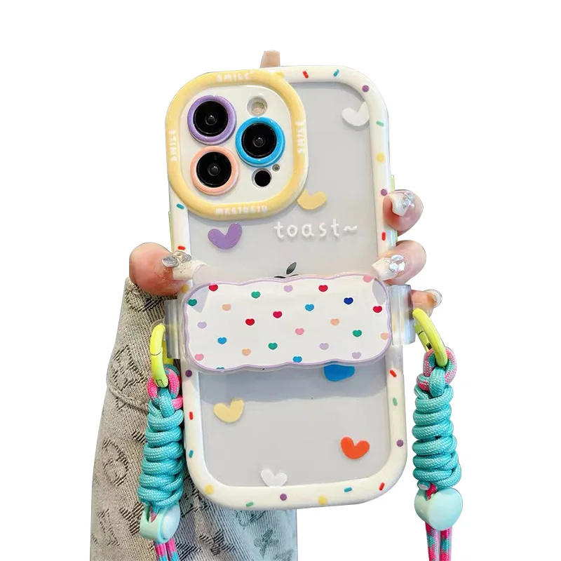 For iPhone 11 12 13 14 15 Phone Shell Colorful Love Heart Phone Case With Crossbody Back Clip And Hanging Rope Cell Phone Funda