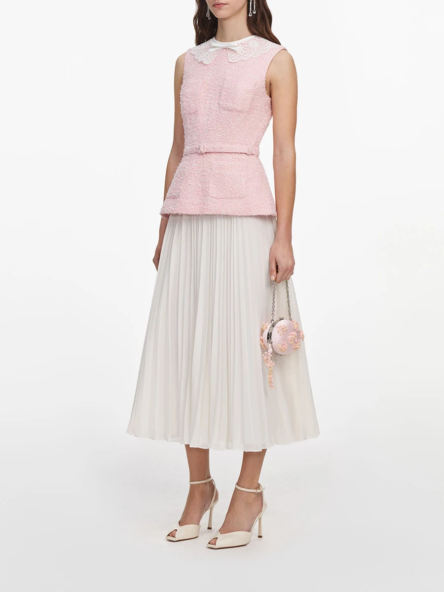 TWOTWINSTYLE Bow Spliced Pocket Slimming Colorblock Dress for Women Round Neck Sleeveless Patchwork Zipper Lace Skirt Female New