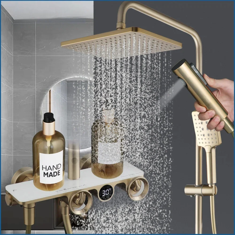 KEMAIDI Brushed Gold  Digital Display Shower Faucet Set Wall Mount 4 Functions Rain Shower Systerm  Mixers with Bidet Sprayers