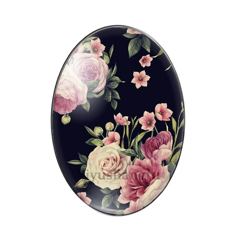 Fashion flower colourful painting rose  10pcs mixed 13x18mm/18x25mm/30x40mm Oval photo glass cabochon flat back Making findings