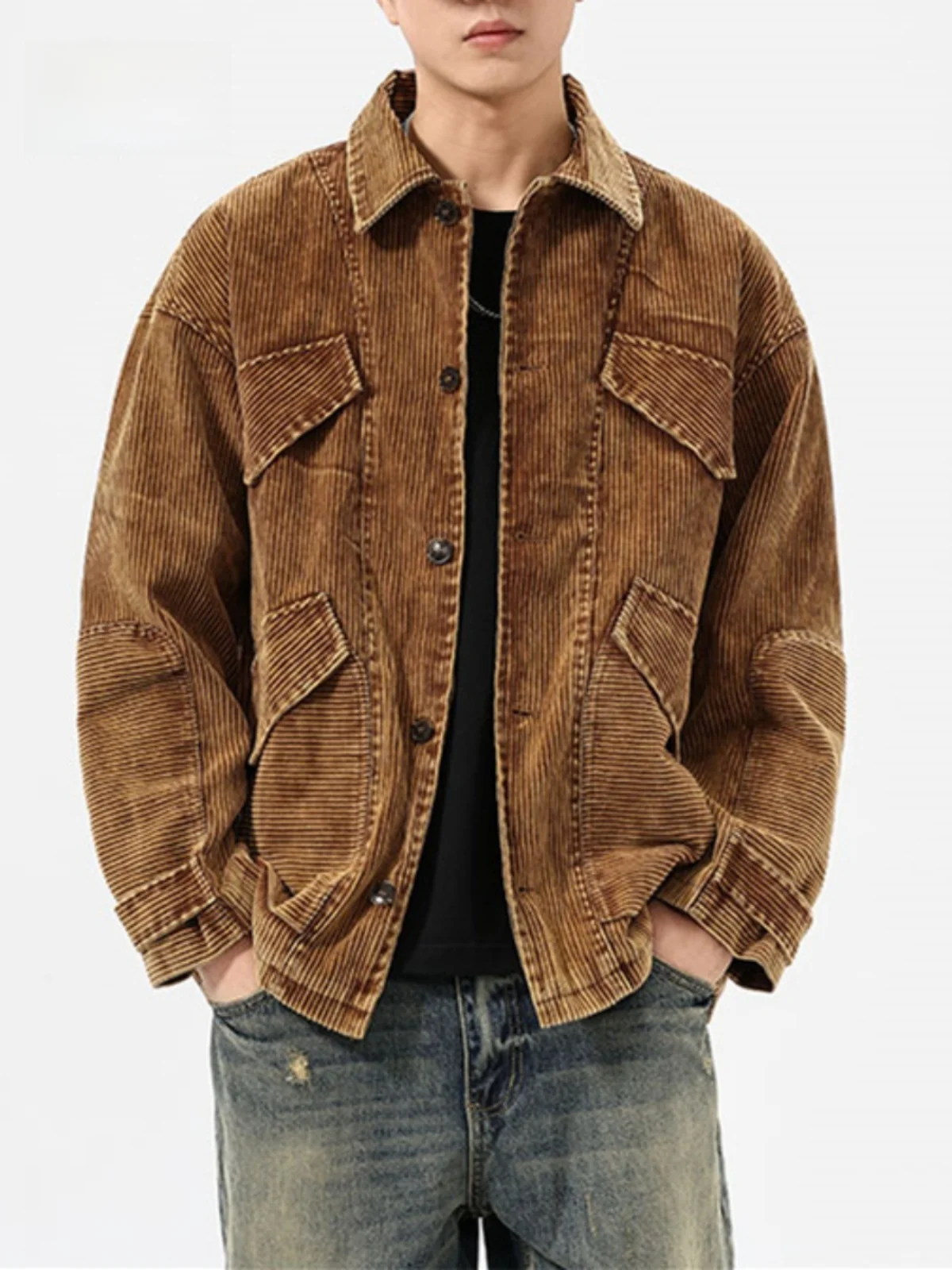 

Retro American Sle Corduroy Hunting Jaet Men's Casual Waed Outwear Spring Autumn Trendy Loose Fit Long Sve Youth