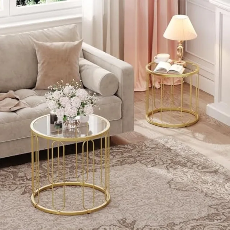 Small Coffee Table Set of 2, Gold Accent End Tables with Metal Frame, Round Coffee Side Table with Glass Top