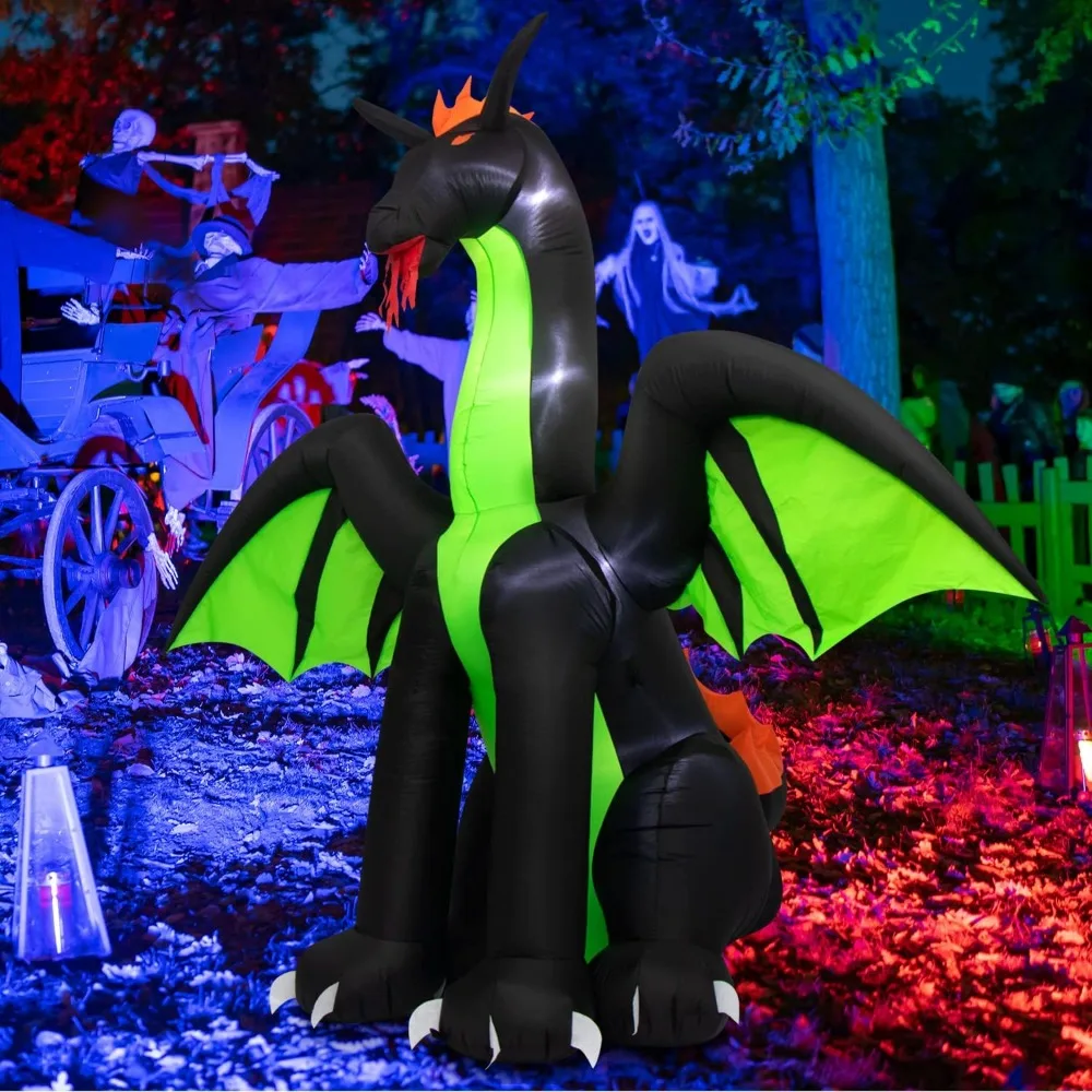 Halloween Inflatables 9FT Giant Inflatable Dragon Halloween Decorations with Wings, Built-in LEDs Halloween Blow Up Yard Decorat