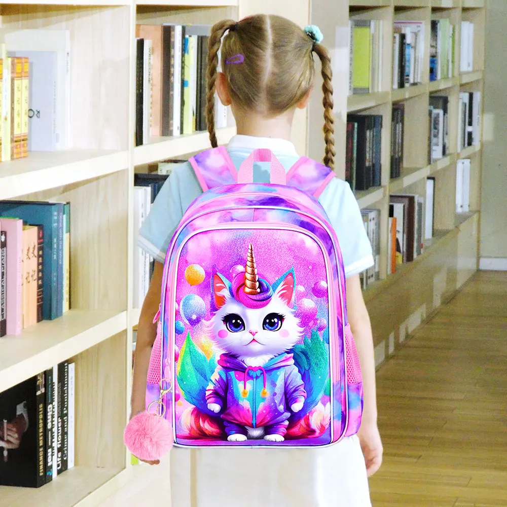 3Pcs 16 Inch Girls Backpack Set, Cute Balloon‑Cat School Bag with Lunch Bag & Pencil Pouch, Lightweight Elementary Bookbag