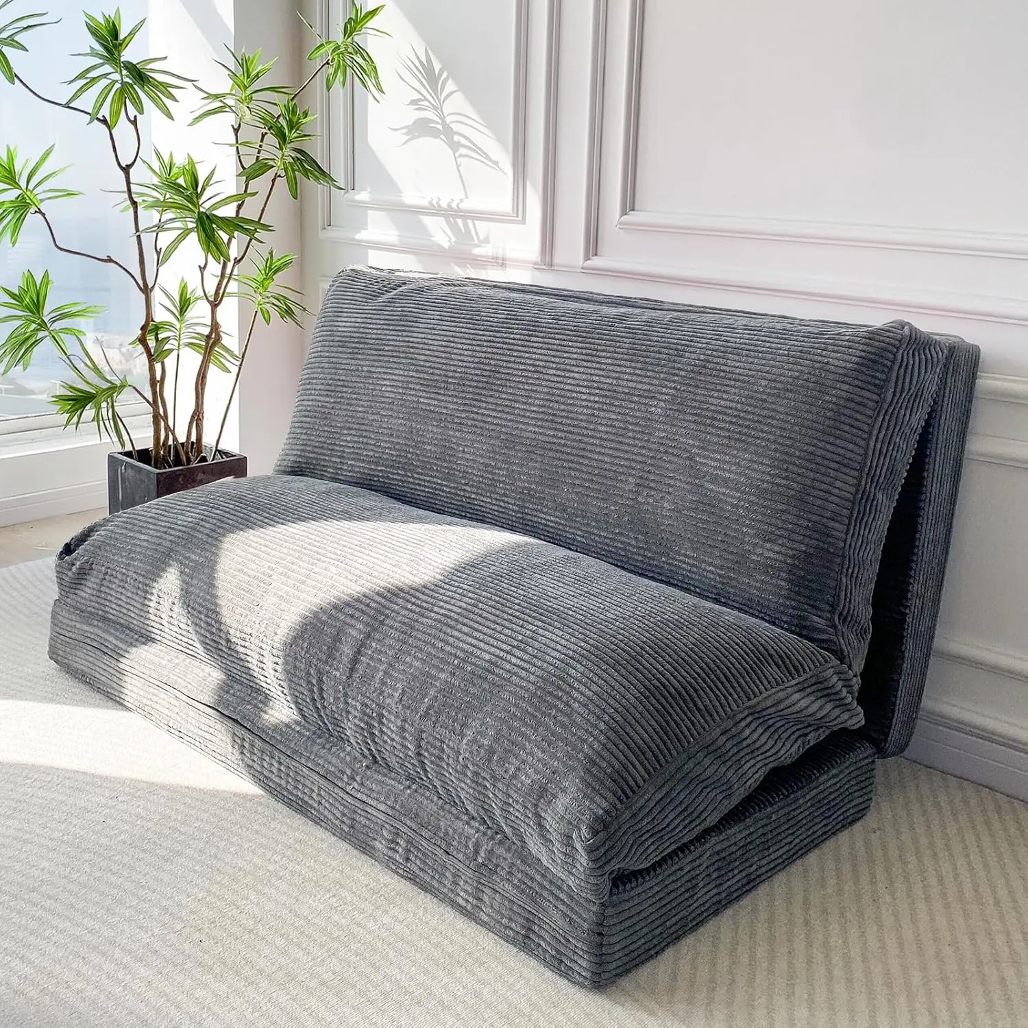 

Bean Bag Bed Folding Sofa Bed Floor Mattress for Adults, Extra Thick and Long Floor Sofa with Corded Washable Cover, Dark Grey