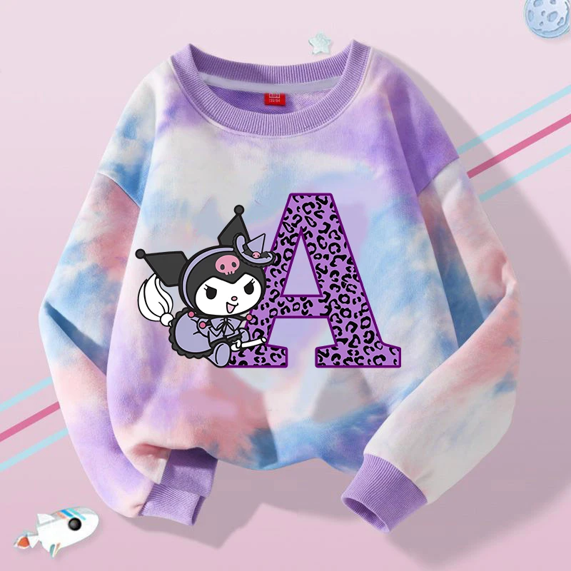 Kuromi Girls Sweatshirt Sanrio Anime Letter A-Z Hoodies Kids Spring Autumn Tops Pullover Fashion Clothes Children Gift Hot Sales