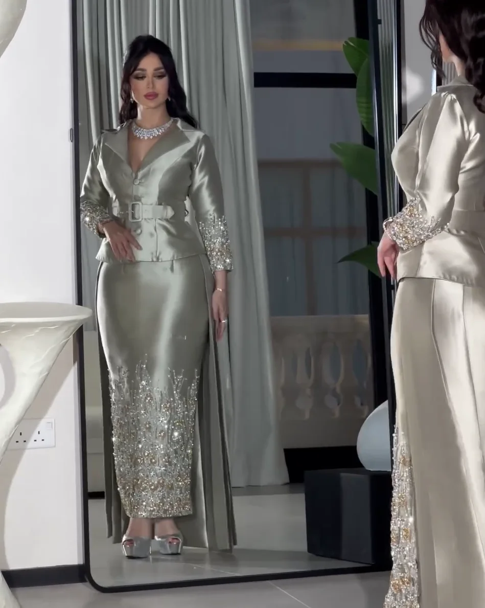 Silver Grey Sheath Prom Dresses Long for Women 2025 Beading Crystal Diamond Formal Evening Gowns Customized image 3