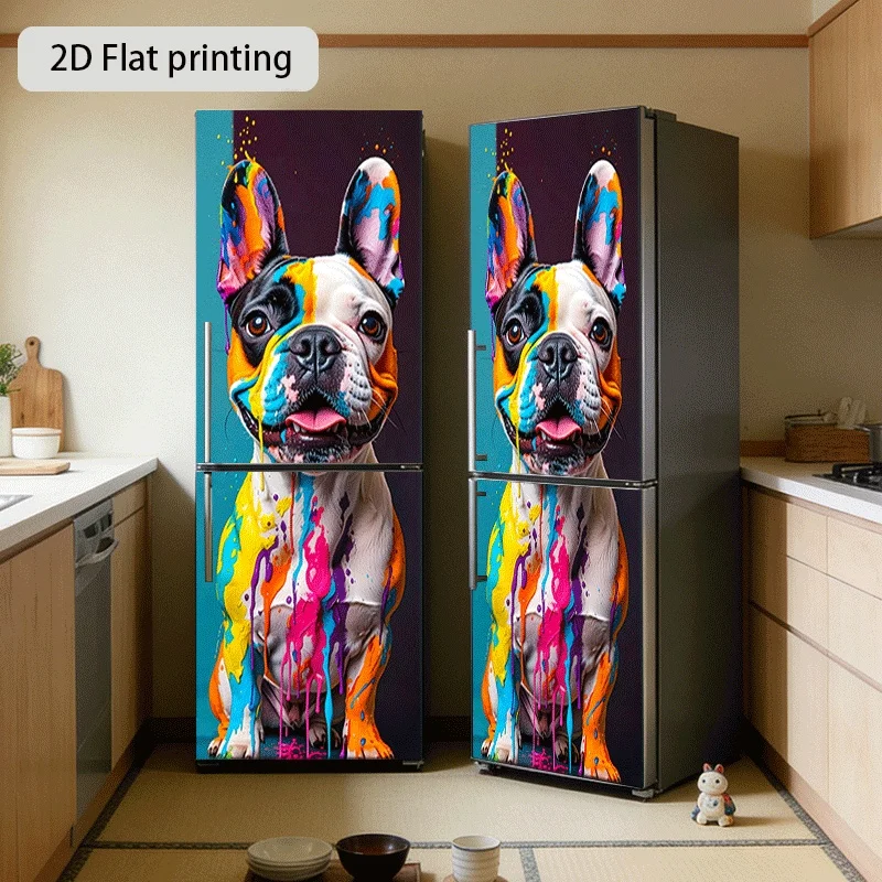 French Bulldog Refrigerator Sticker | Self-adhesive Art Deco Animal Print Wallpaper for Cabinets and Wardrobes, Modern Kitchen