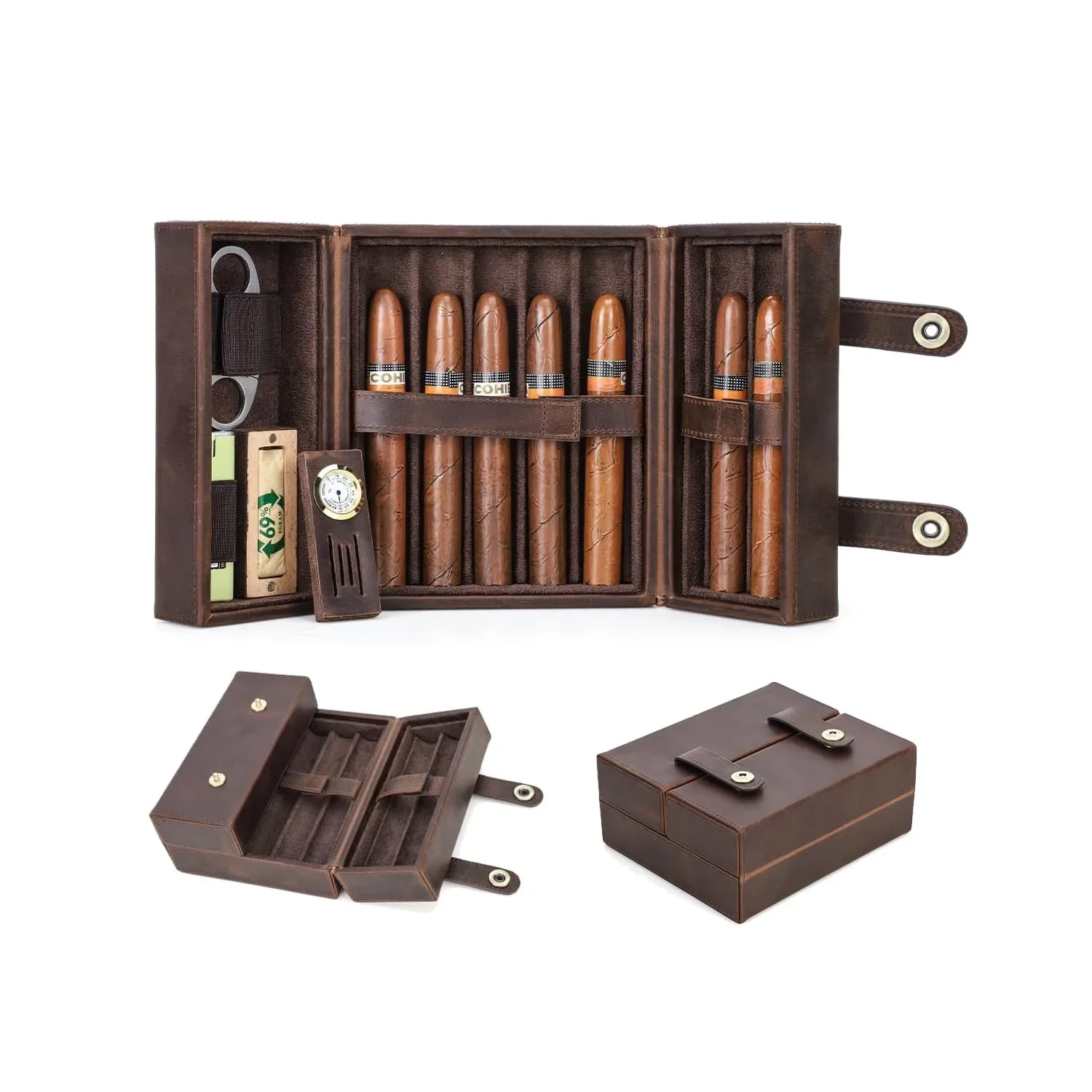 Double Open Full Grain Leather Cigar Case 7-Cigar Travel Cigar Humidor with Hygrometer & Cutter Slot Men Smoking Gift Cigar Box