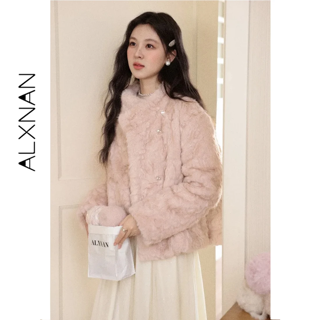ALXNAN Pink Heart Pearl Button Fur Jacket Women Soft Loose Fit Winter Daily Casual Short Faux Fur Coat Female Clothing QJD00663