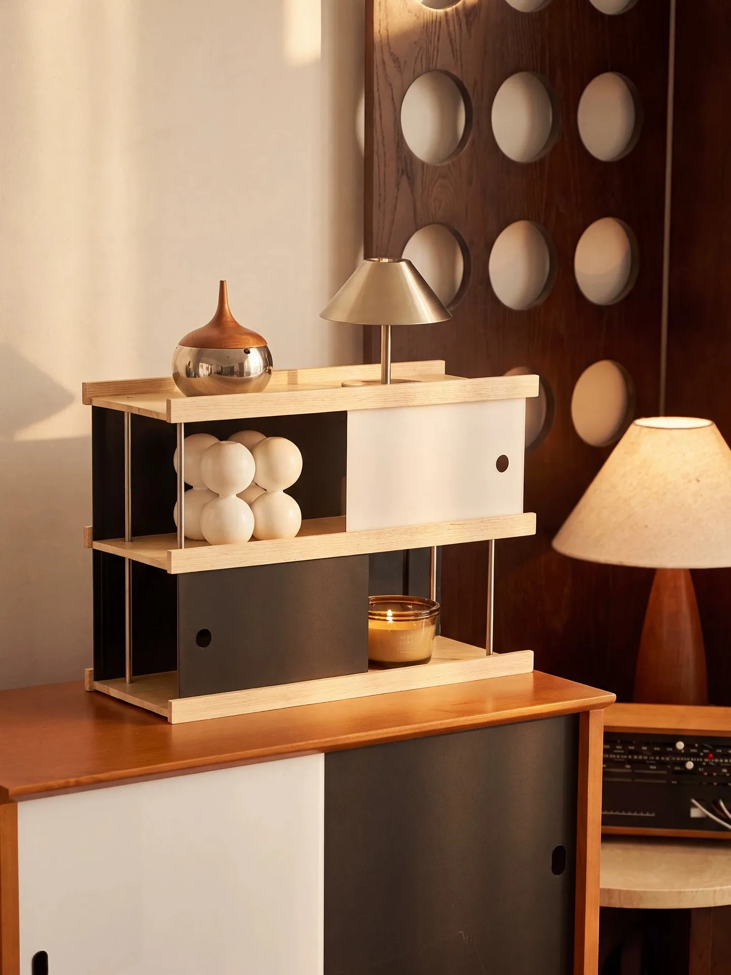 Renaissance-style storage rack multiple functions tabletop organizer stort perfumes, cups.Made light-colored white oak.