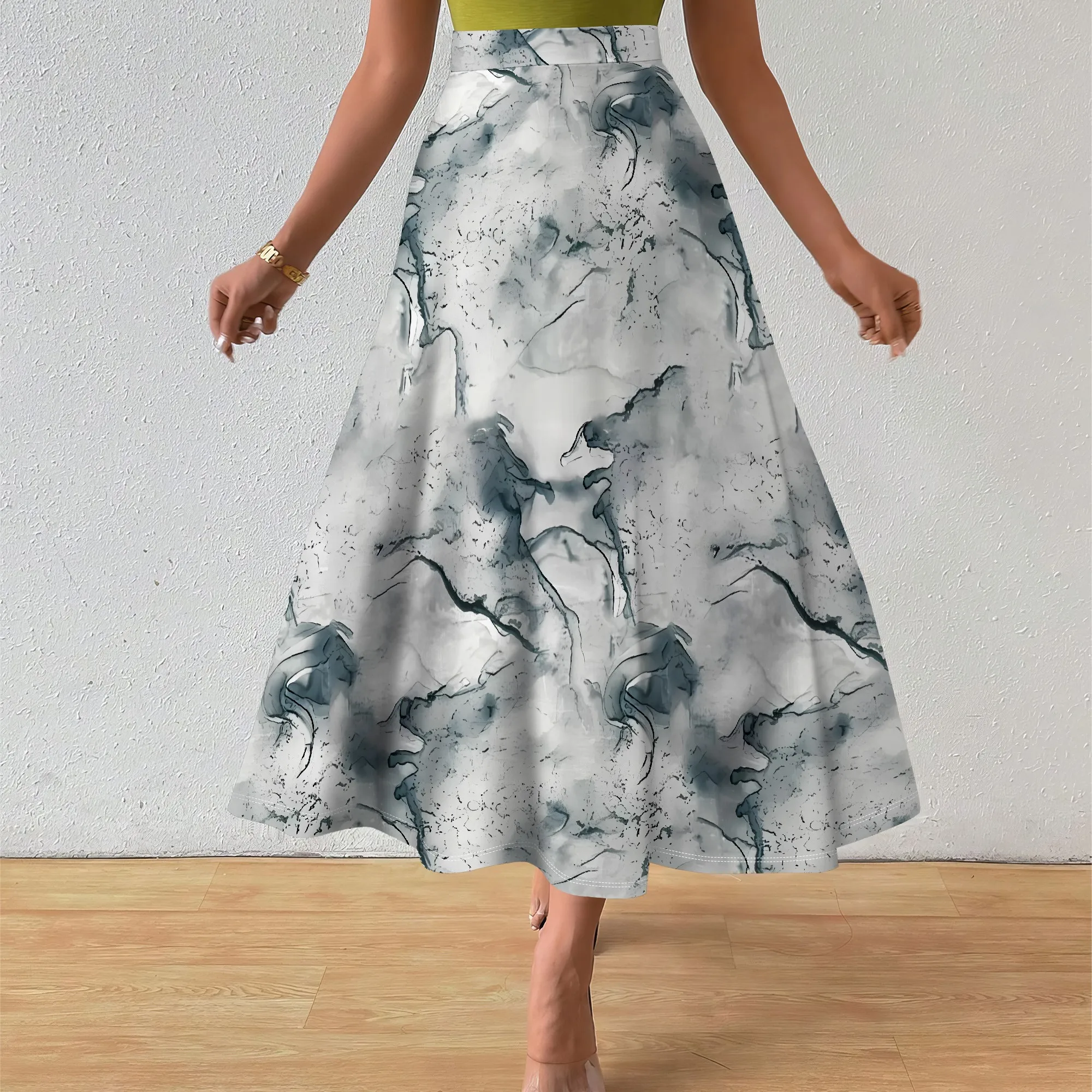 

EQQZD Stylish Casual Midi Skirt with Belt, Irregular Abstract Style Pattern Print High Waisted Skirt for Women