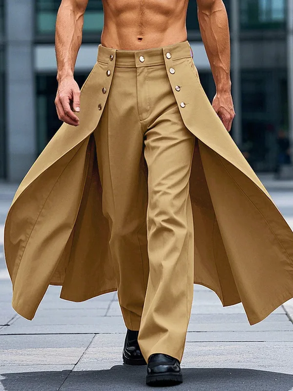

American High Street Sle Men's Casual Wide Leg Pants Buttoned Loose Fit High Waist Polyester Fiber Autumn Season Khaki Color