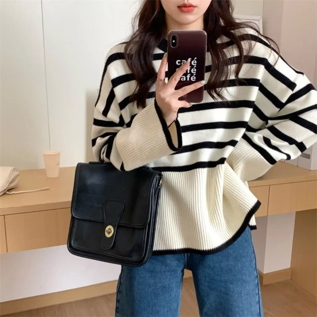

Women's Korean Style Vintage Striped Sweater Morning Collar Loose Slimming Long-Sleeved Top for Autumn And Winter