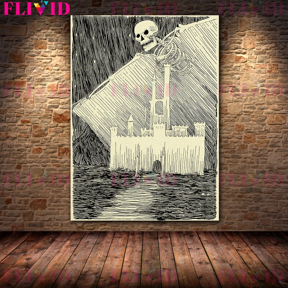 Skeleton Ghost Spirit Reaper And Demon Fire Vintage Wall Art Canvas Painting Moon Nymph And Witch Art Poster Print Home Decor